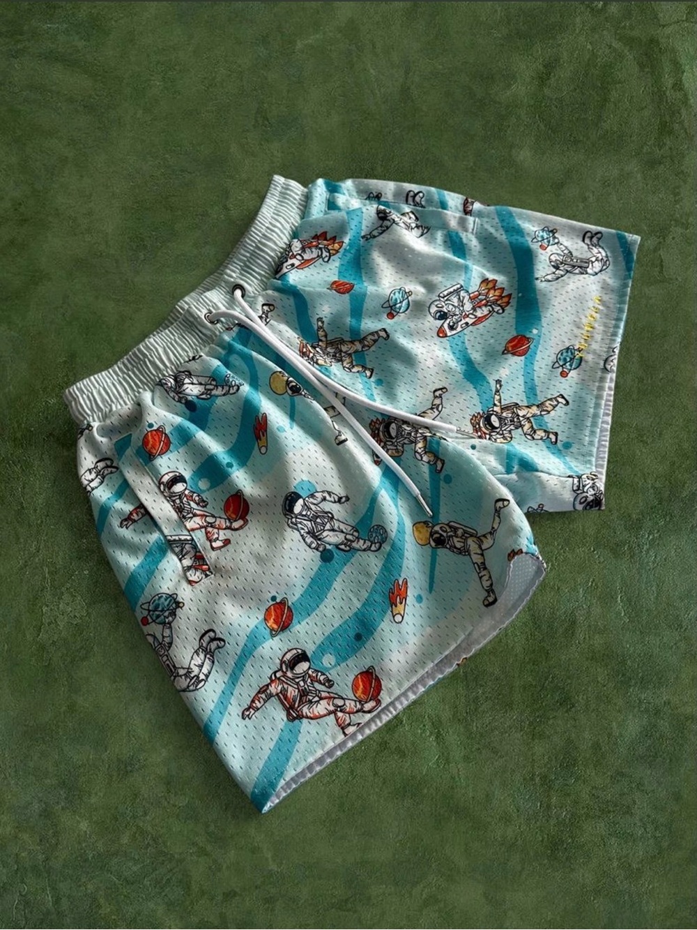 YoungLA Aqua Astronaut Print Athletic Shorts